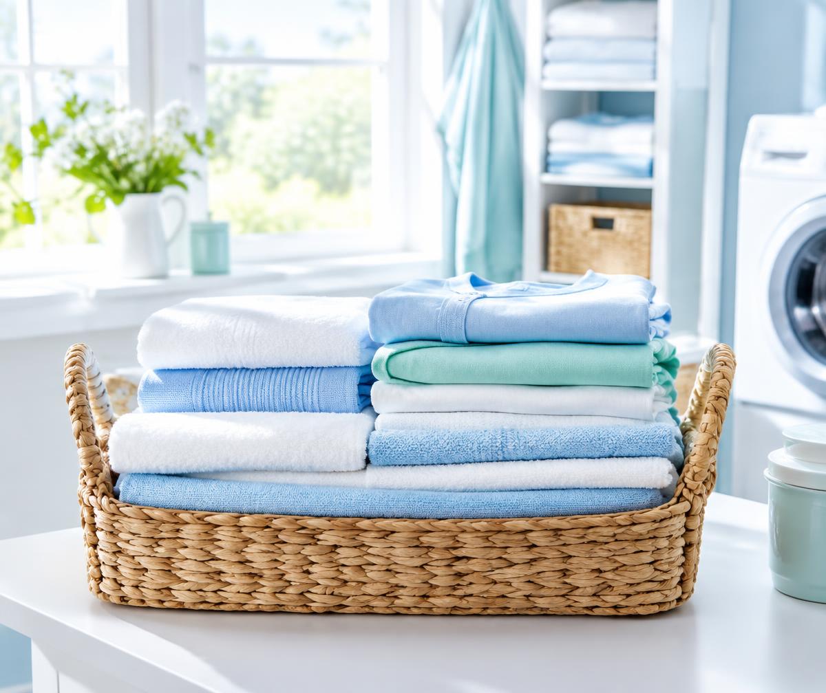 Neatly folded fresh towels in a basket